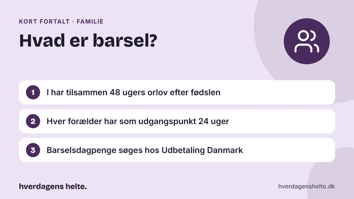 Hvad er barsel? Kort fortalt: I har tilsammen 48 ugers orlov efter fødslen. Hver forælder har som udgangspunkt 24 uger. Barselsdagpenge søges hos Udbetaling Danmark.