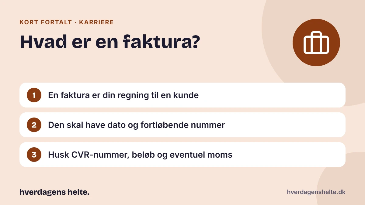 Hvad er en faktura? Kort fortalt: En faktura er din regning til en kunde. Den skal have dato og fortløbende nummer. Husk CVR-nummer, beløb og eventuel moms.