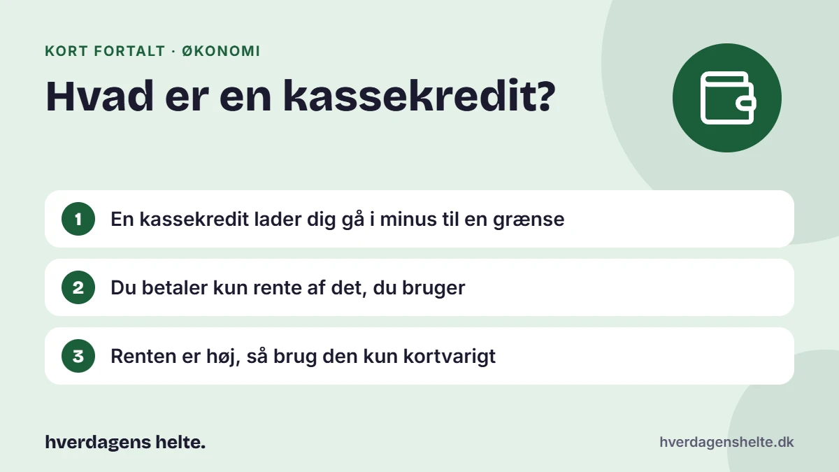 Hvad er en kassekredit? Kort fortalt: En kassekredit lader dig gå i minus til en grænse. Du betaler kun rente af det, du bruger. Renten er høj, så brug den kun kortvarigt.
