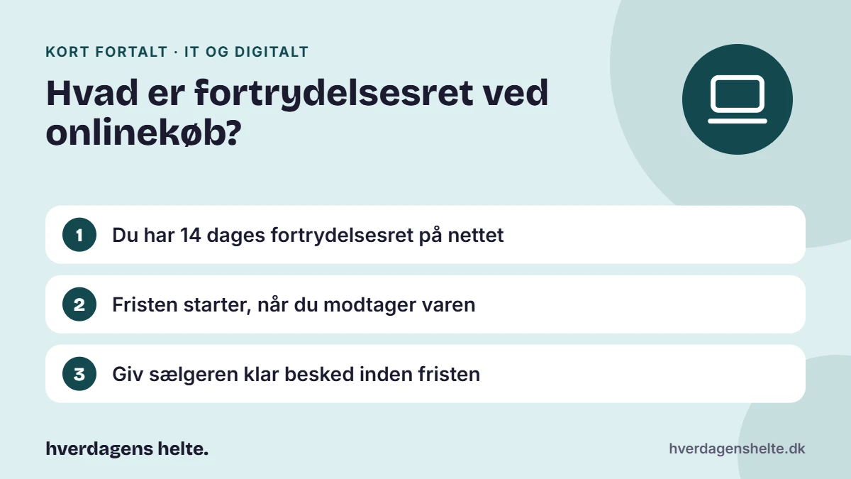 Hvad er fortrydelsesret ved onlinekøb? Kort fortalt: Du har 14 dages fortrydelsesret på nettet. Fristen starter, når du modtager varen. Giv sælgeren klar besked inden fristen.