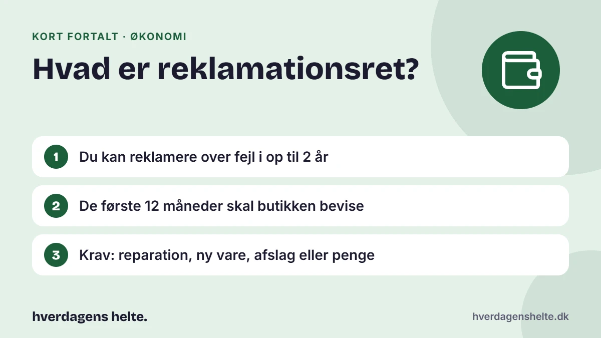 Hvad er reklamationsret? Kort fortalt: Du kan reklamere over fejl i op til 2 år. De første 12 måneder skal butikken bevise. Krav: reparation, ny vare, afslag eller penge.