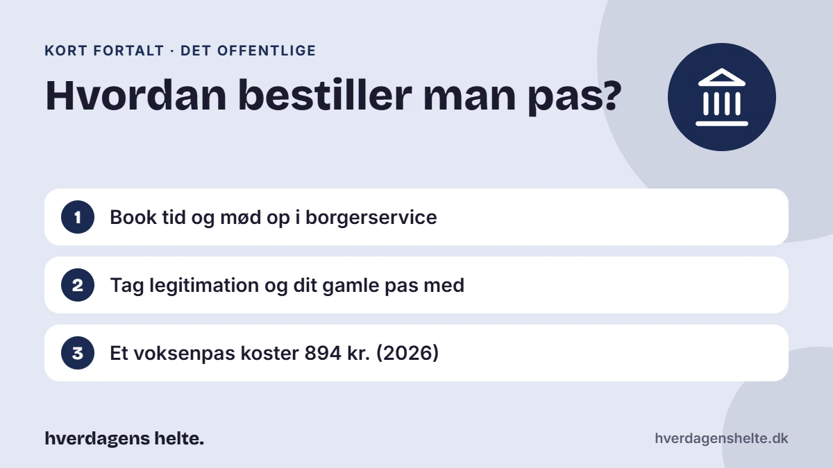 Hvordan bestiller man pas? Kort fortalt: Book tid og mød op i borgerservice. Tag legitimation og dit gamle pas med. Et voksenpas koster 894 kr. (2026).