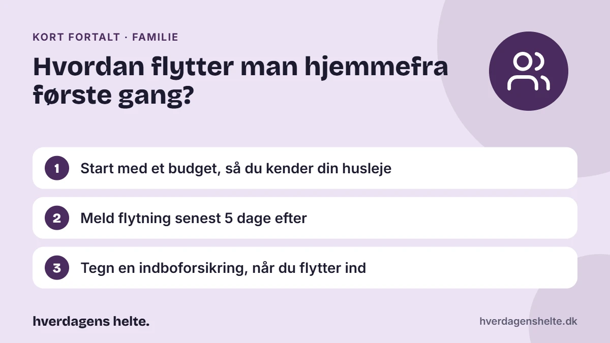 Hvordan flytter man hjemmefra første gang? Kort fortalt: Start med et budget, så du kender din husleje. Meld flytning senest 5 dage efter. Tegn en indboforsikring, når du flytter ind.