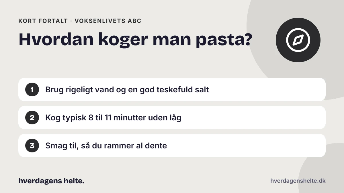 Hvordan koger man pasta? Kort fortalt: Brug rigeligt vand og en god teskefuld salt. Kog typisk 8 til 11 minutter uden låg. Smag til, så du rammer al dente.