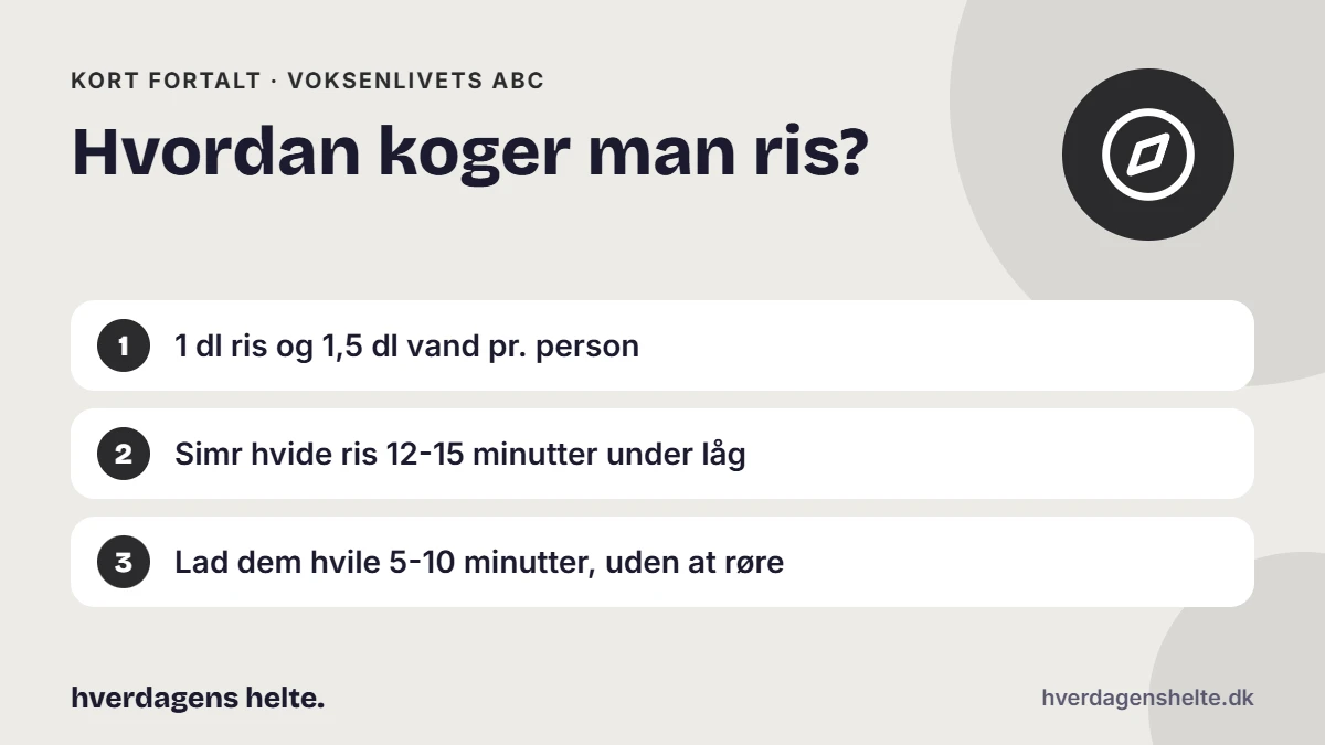 Hvordan koger man ris? Kort fortalt: 1 dl ris og 1,5 dl vand pr. person. Simr hvide ris 12-15 minutter under låg. Lad dem hvile 5-10 minutter, uden at røre.