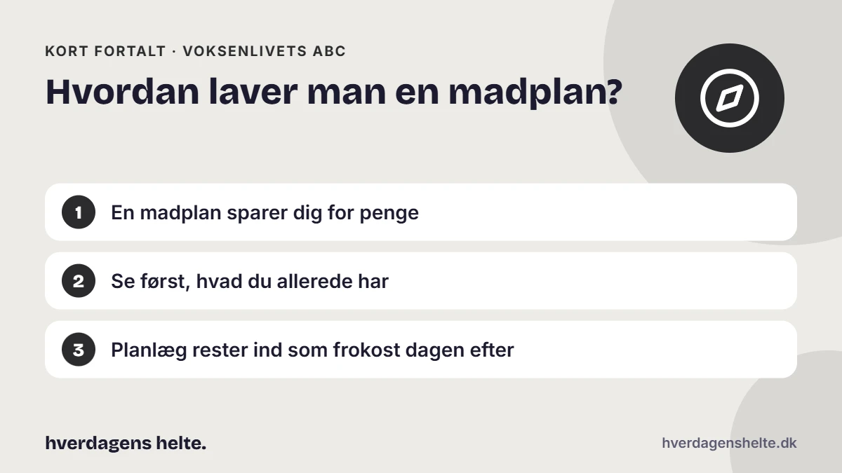Hvordan laver man en madplan? Kort fortalt: En madplan sparer dig for penge. Se først, hvad du allerede har. Planlæg rester ind som frokost dagen efter.
