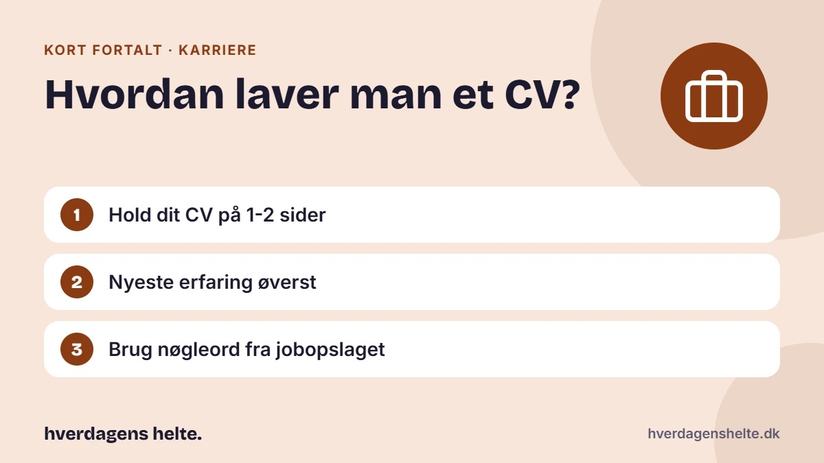 Hvordan laver man et CV? Kort fortalt: Hold dit CV på 1-2 sider. Nyeste erfaring øverst. Brug nøgleord fra jobopslaget.