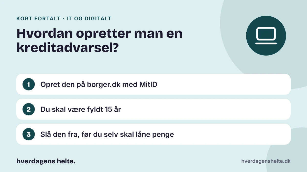 Hvordan opretter man en kreditadvarsel? Kort fortalt: Opret den på borger.dk med MitID. Du skal være fyldt 15 år. Slå den fra, før du selv skal låne penge.