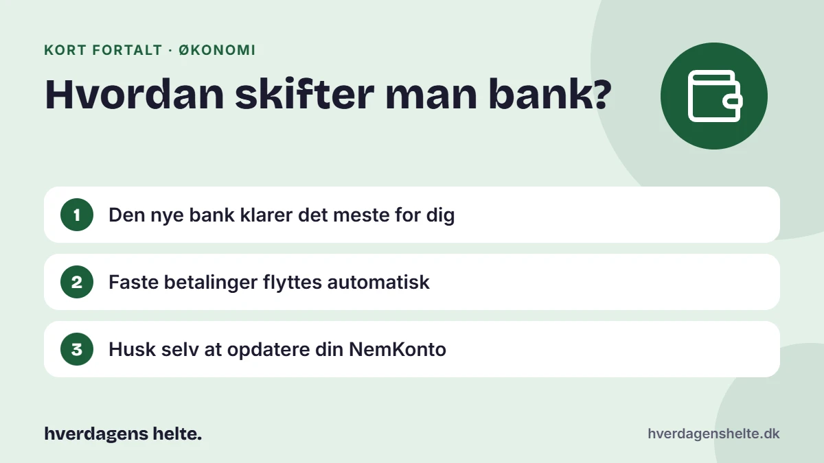 Hvordan skifter man bank? Kort fortalt: Den nye bank klarer det meste for dig. Faste betalinger flyttes automatisk. Husk selv at opdatere din NemKonto.